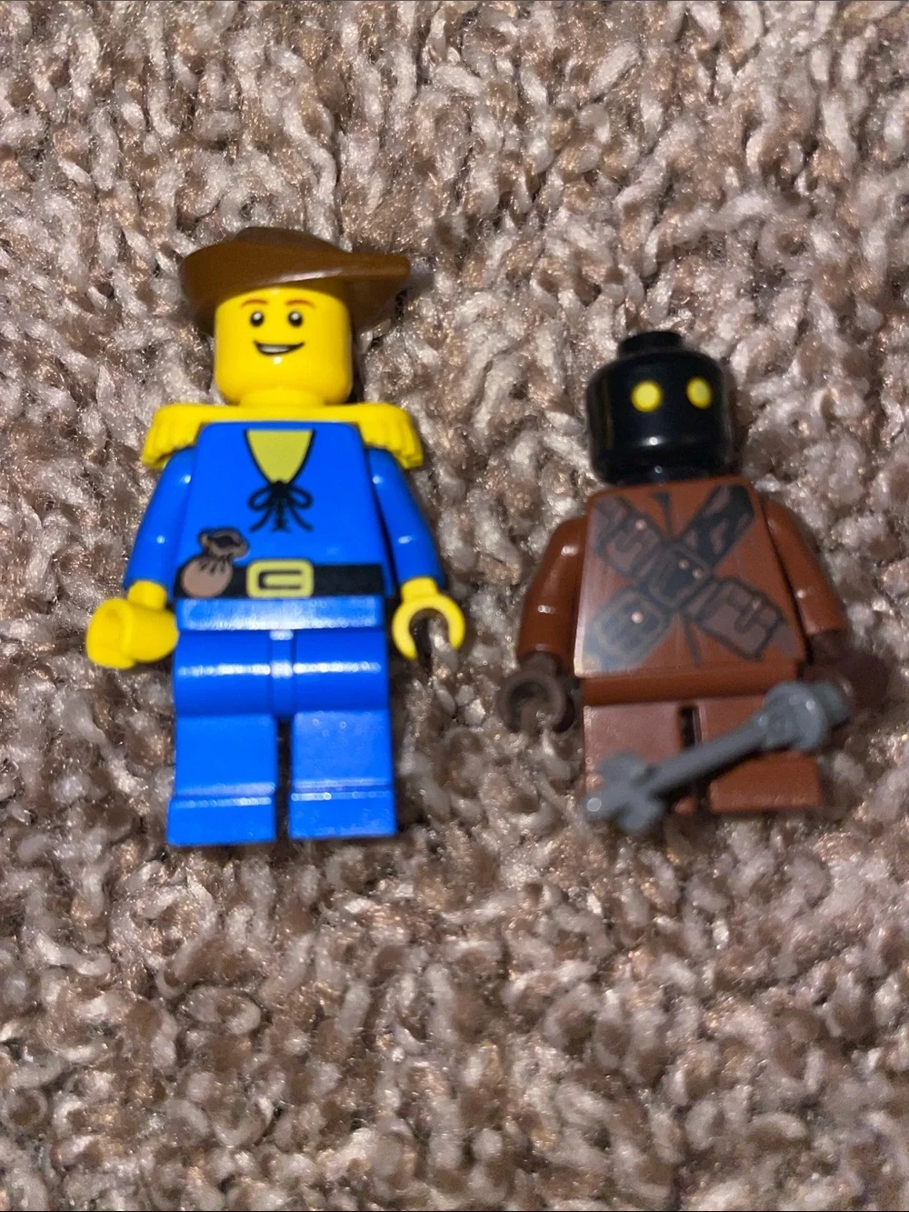 Lego Blue and Yellow Minifigure Duo with Brown and Black Accents